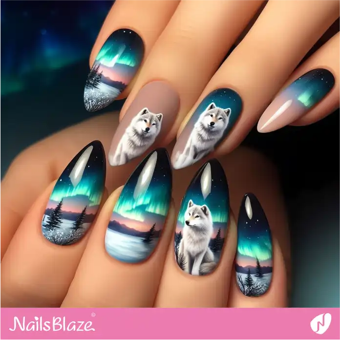 Arctic Wolves Beneath the Hues of the Aurora Borealis Nail Art | Polar Wonders Nails - NB3123